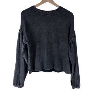 Z Supply Washed Black Waffle Knit Thermal Balloon Sleeve Top